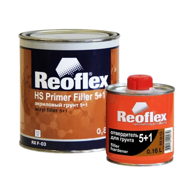 Reoflex 2K акрилді праймер 5+1 қара + қатайтқыш, 0,8л+0,16л RX F-03(B)-800 + RX H-13-160 – Челябіде сатып алу | Reoflex | carpaint.kz
